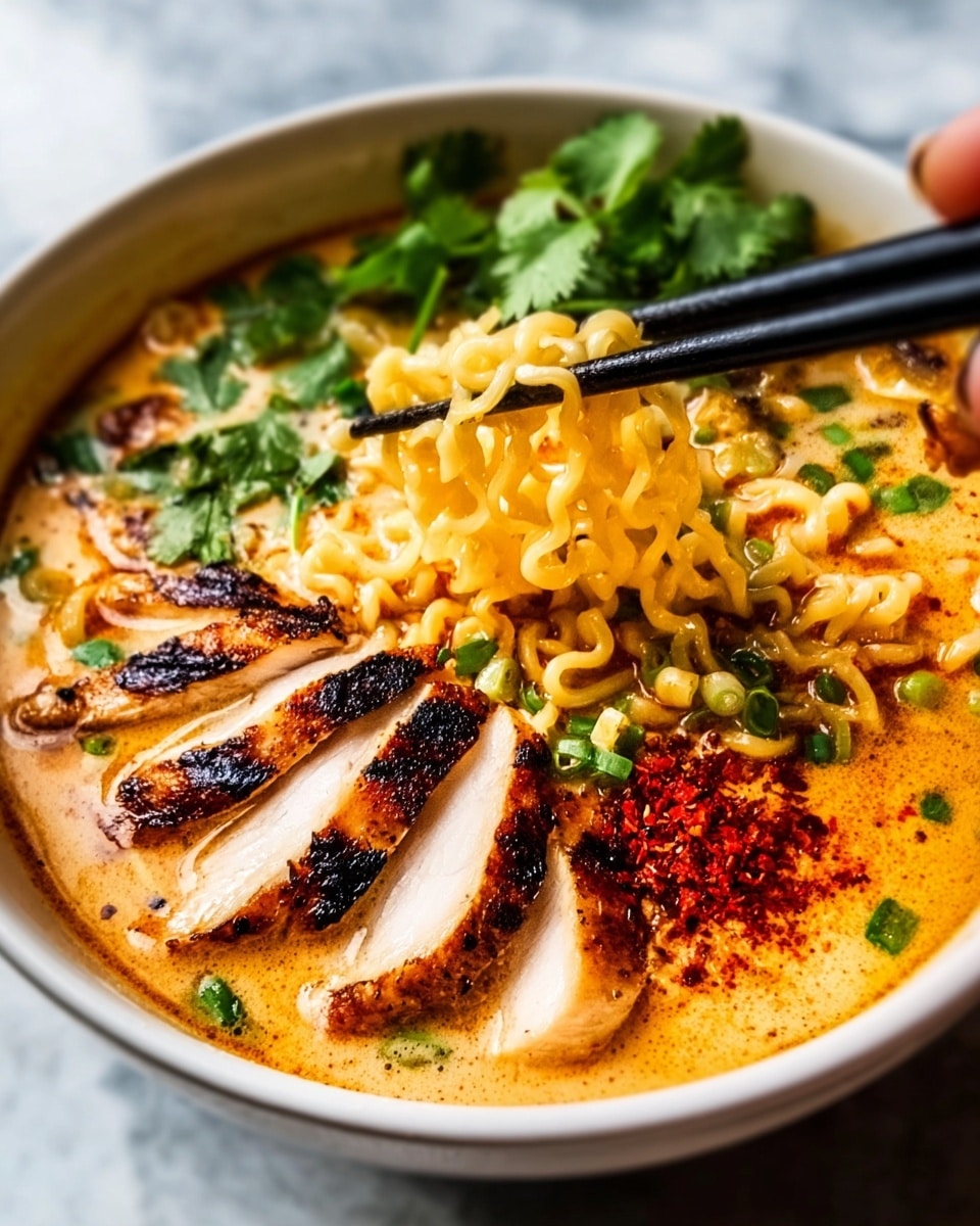A close-up view of a bowl filled with rich, creamy orange broth covering wavy yellow ramen noodles slightly lifted by black chopsticks held by a woman's hand. On one side, there are several slices of grilled chicken with a dark brown, slightly charred crust and white inside, topped with a small pile of bright red chili powder. Scattered green onion pieces and fresh cilantro leaves add a bright green color contrast, all set against a white bowl with a subtle speckled pattern on a white marbled surface. photo taken with an iphone --ar 4:5 --v 7