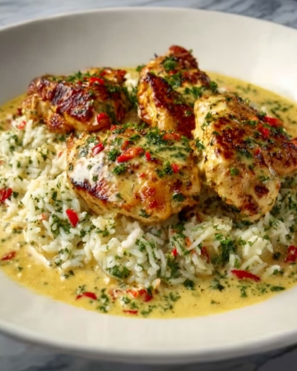 The dish shows three grilled chicken pieces with a golden brown top, placed over a bed of creamy, light green herb rice mixed with small bits of red and green. The chicken pieces are covered in a yellowish creamy sauce with visible herbs and some small red pepper pieces scattered around. The rice is fluffy and fills the plate, surrounding the chicken evenly. The food is served on a white plate, set on a white marbled surface. Photo taken with an iphone --ar 4:5 --v 7