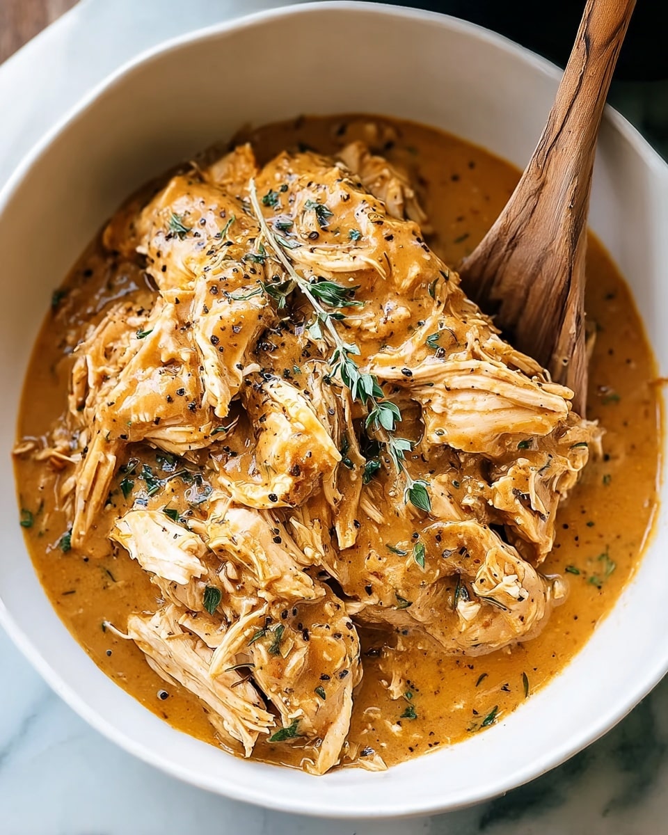 The image shows a close-up of shredded cooked chicken in a white bowl, covered with a thick, creamy orange sauce dotted with small green herbs and black pepper. The chicken appears tender and juicy with layered white meat visible through the sauce. A wooden spoon is partially submerged on the right side of the bowl, resting on the sauce. The bowl sits on a white marbled surface. photo taken with an iphone --ar 4:5 --v 7