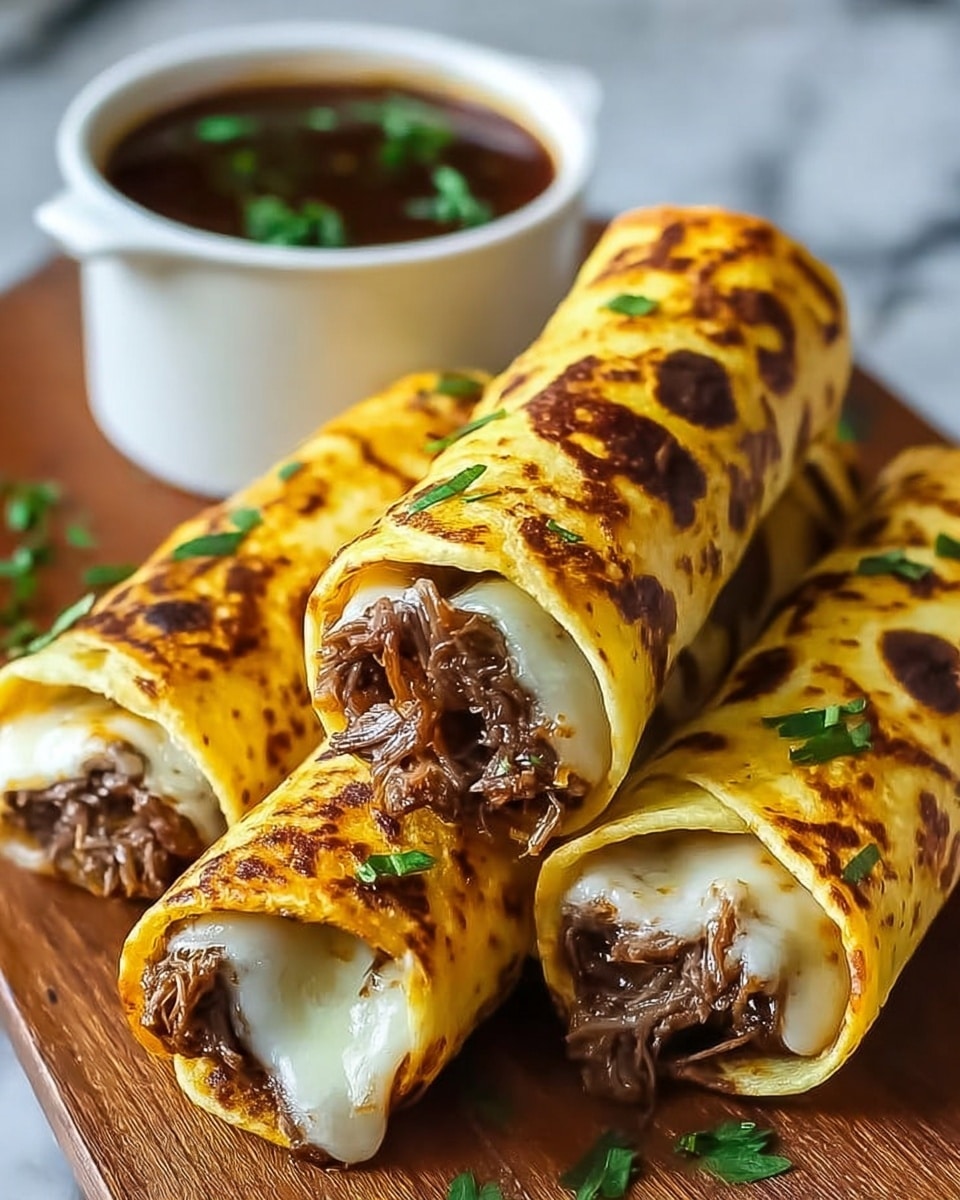 The image shows four rolled crepes stacked closely together on a wooden board. Each crepe has a golden-brown, slightly crisp outside with dark brown spots and is filled with shredded, tender meat mixed with melted white cheese that peeks out from the ends. Small green herb pieces are sprinkled on top for garnish. In the background, there is a small white cup filled with a dark brown dipping sauce also topped with a few green herbs, set on a white marbled surface. The photo taken with an iphone --ar 4:5 --v 7