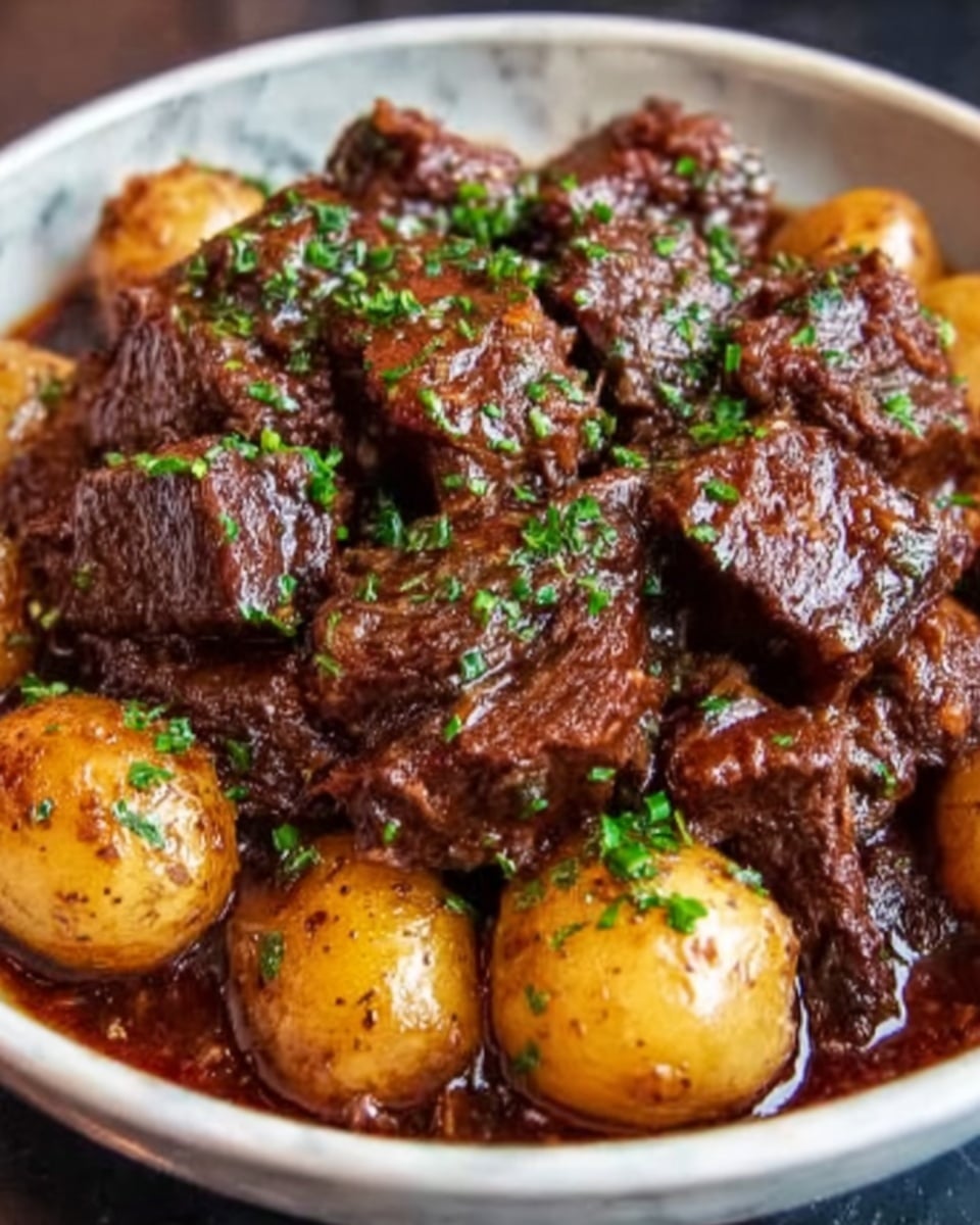 The dish shows a deep white bowl filled with several layers: the bottom layer has a dark, rich sauce with a thick, glossy texture; on top there are many small golden-brown round potatoes placed around the edge and some more inside; the main layer consists of large chunks of tender dark brown meat coated in the sauce; the whole dish is sprinkled with finely chopped green herbs adding a fresh contrast; the background is a white marbled surface. photo taken with an iphone --ar 4:5 --v 7