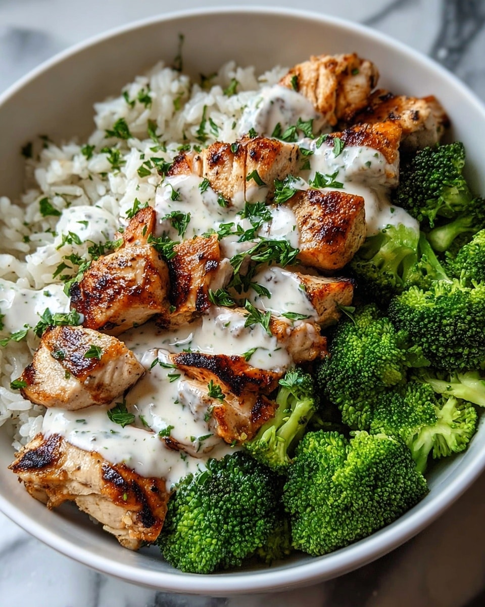 The dish is served in a white bowl, filled with three main layers. The bottom layer consists of white rice with a slightly sticky texture. Above the rice, there is a layer of bright green steamed broccoli florets, arranged around the edges and mixed within. The top layer features several pieces of grilled chicken, browned with visible grill marks, covered in white creamy sauce with specks of herbs. Fresh chopped green herbs are sprinkled on top, adding a fresh touch. The bowl is placed on a white marbled surface, giving a clean and fresh look. Photo taken with an iphone --ar 4:5 --v 7