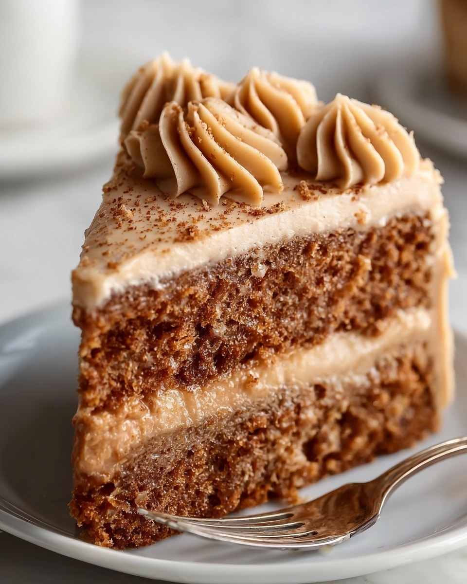 A close-up of a two-layer cake slice on a white plate with a silver fork. The cake layers are moist and brown with a slightly crumbly texture. Between the layers is a smooth, light brown filling, matching the creamy frosting that covers the top and sides of the cake. On top, there is a decorative swirl of the same light brown frosting sprinkled with fine crumbs or spices. The white plate rests on a white marbled texture surface. Photo taken with an iphone --ar 4:5 --v 7