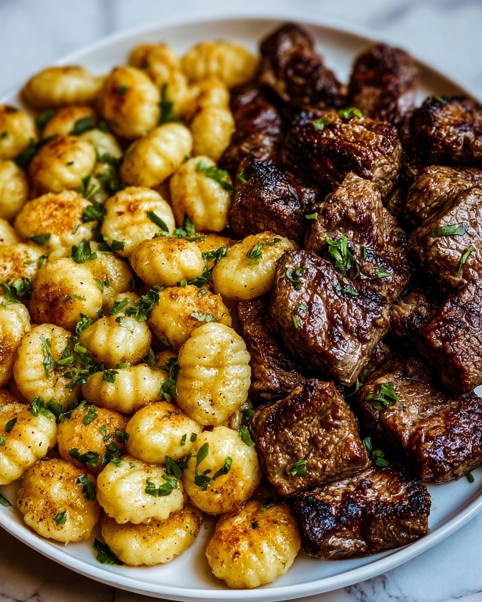 The image shows a dish with two main parts placed side by side on a white plate over a white marbled surface. On the left side, there are small round pieces of pale yellow gnocchi, coated in a rich, smooth sauce with a hint of orange color, sprinkled with finely chopped green herbs. On the right side, there are several browned cubes of grilled meat, with a slightly crispy texture and a well-cooked surface showing grill marks. The meat pieces have a deep brown color with some darker charred areas, and fresh green herb bits are scattered over the top. The photo has a close-up view, highlighting the textures and colors of both layers. Photo taken with an iphone --ar 4:5 --v 7