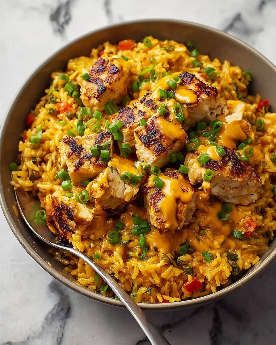 A bowl filled with a yellow-orange rice base mixed with small red and green vegetable pieces, topped with several chunks of grilled chicken that have a golden-brown crust. The chicken pieces are covered in a creamy orange sauce and sprinkled with chopped green onions scattered evenly on top. A silver spoon rests inside the bowl on the left side. The bowl sits on a white marbled surface. photo taken with an iphone --ar 4:5 --v 7