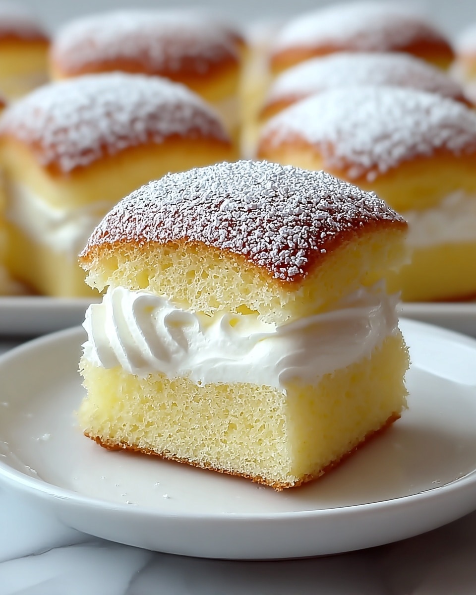 A small round cupcake is cut horizontally in half and filled with a thick white cream layer in the middle. The cupcake's top layer is golden brown with a soft, fluffy texture, dusted with white powdered sugar. The cupcake's bottom layer is pale yellow and moist. The cupcake sits on a smooth white plate, followed by several whole cupcakes in the background with similar golden brown tops dusted with powdered sugar. The surface underneath the plate is a white marbled texture. photo taken with an iphone --ar 4:5 --v 7