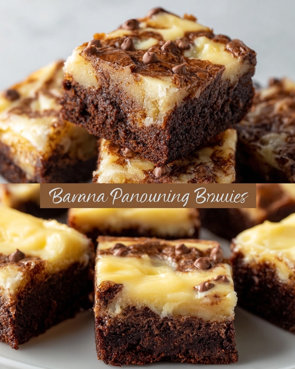 The image shows close-up views of banana pudding brownies stacked on a white plate set on a white marbled surface. Each brownie piece has two clear layers: the bottom layer is thick, dense, and dark brown with a rich chocolate texture, while the top layer is creamy and pale yellow with swirls of smooth banana pudding and scattered chocolate chunks. The top layer has a slightly glossy, marbled finish with light brown specks, giving it a soft and creamy look. The brownies are cut into neat square shapes, some stacked on top of others, highlighting the contrast between the moist bottom and creamy top in sharp detail. Photo taken with an iphone --ar 4:5 --v 7