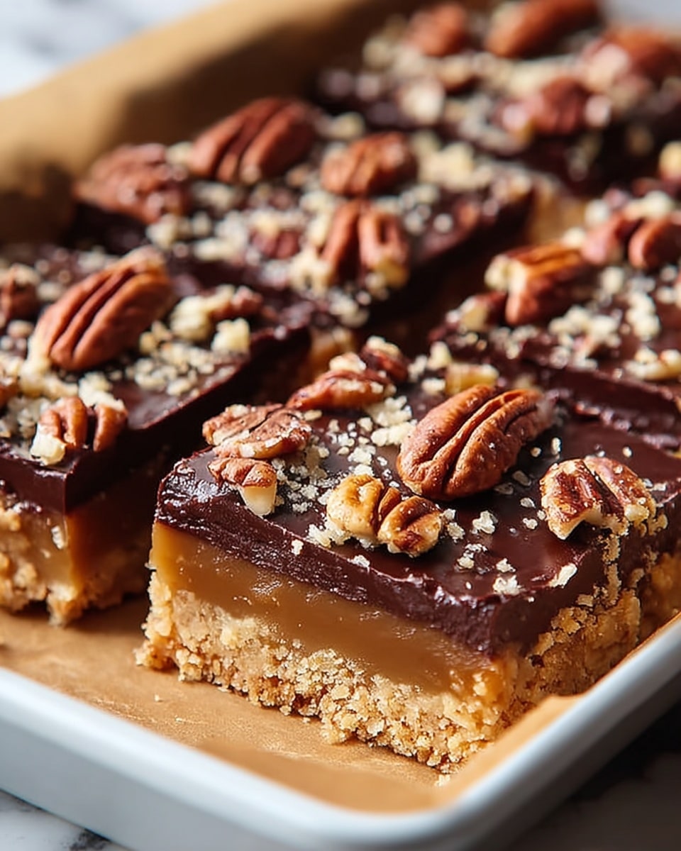 A close-up view of two square dessert bars placed in a white pan lined with parchment paper. Each bar has three visible layers: a crumbly, golden brown base, a thick caramel middle layer with a smooth texture, and a glossy dark chocolate top layer. On the chocolate layer, there are whole and chopped pecans scattered evenly, adding a rough texture and a warm brown color contrast. The edges of the bars reveal the rich layers clearly, making the dessert look moist and dense. The background features a white marbled texture, adding a clean and simple setting for the dessert. photo taken with an iphone --ar 4:5 --v 7