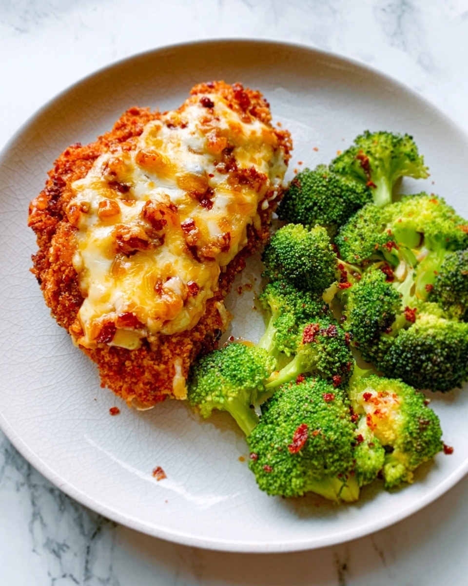 The image shows a white plate on a white marbled surface holding a crispy piece of fried chicken breast covered with melted cheese and a light red sauce, giving it a golden and slightly reddish texture. Next to the chicken, there are several bright green broccoli florets with a fresh and slightly glossy look. The food is arranged in two main sections on the plate, with the chicken placed on the left side and the broccoli on the top right. photo taken with an iphone --ar 4:5 --v 7