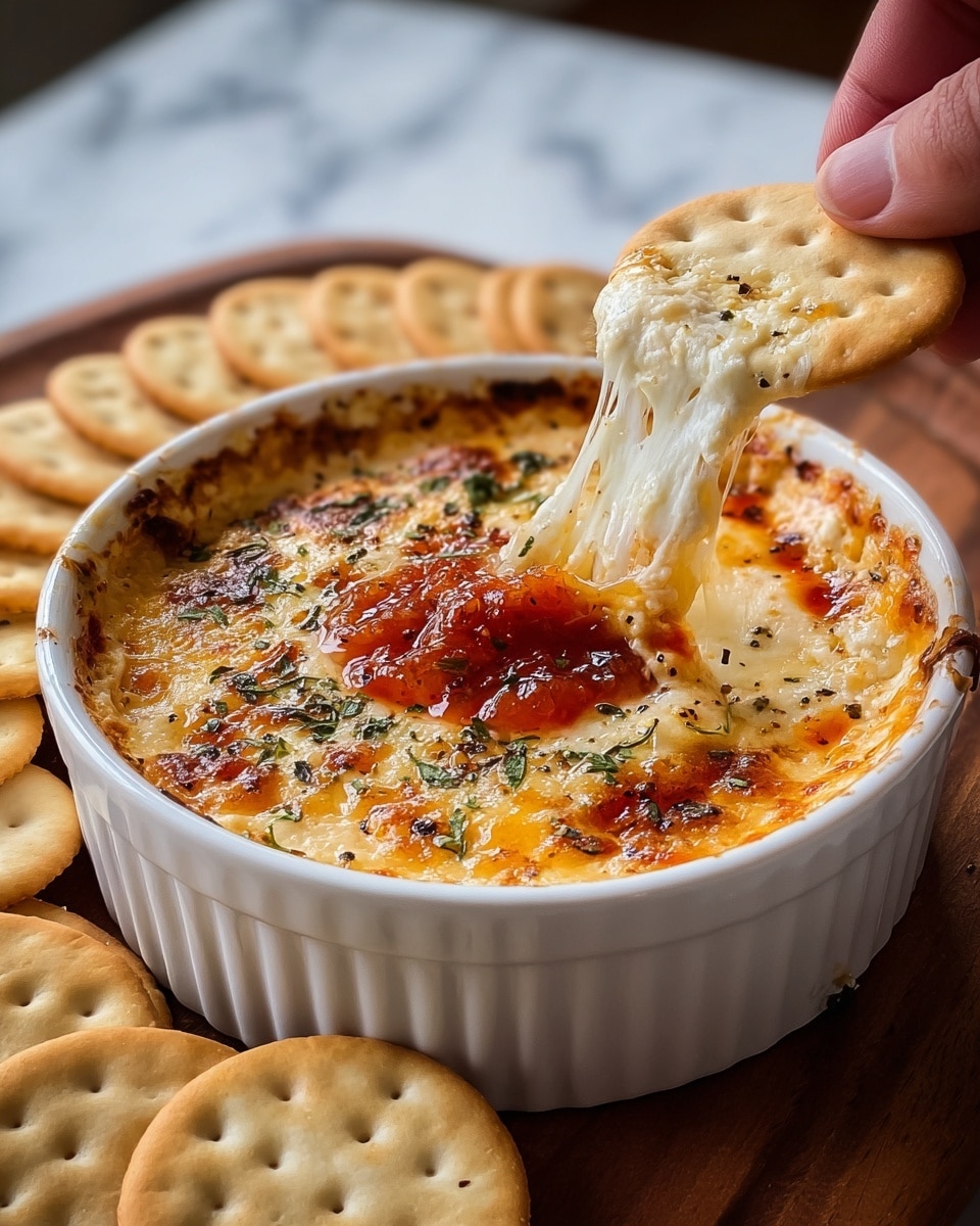 The image shows a white ramekin filled with a bubbly, golden baked cheese dip topped with a small pile of reddish-orange jam or chutney at the center, sprinkled with green herbs and black pepper. The melted cheese layer has browned spots and an oily sheen, adding a rich texture. Around the ramekin, plain round crackers are neatly arranged in a circular pattern on a wooden board. A woman's hand is lifting one cracker from the dip, with gooey, melted cheese stretching from the dip to the cracker. The background features a soft white marbled texture, enhancing the warm and inviting look of the snack. photo taken with an iphone --ar 4:5 --v 7