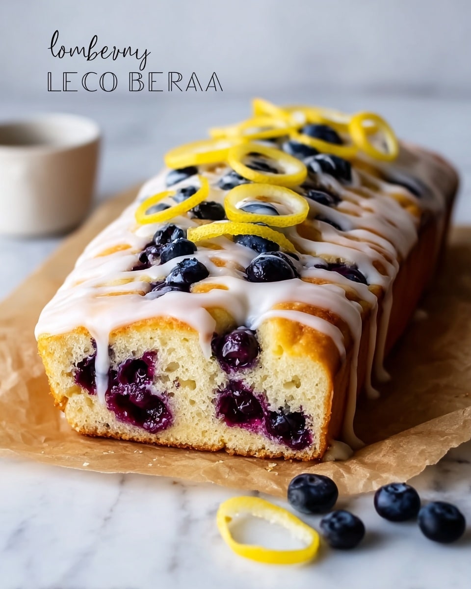 The image shows a rectangular lemon blueberry focaccia bread placed on brown parchment paper on a white marbled surface. The focaccia has a golden-brown crust with a soft, light-yellow inside. It is dotted with many plump, dark purple blueberries, some of which have burst and created small purple streaks in the bread. White icing is drizzled in thin, uneven lines across the top. Bright yellow lemon peel curls sit on top, adding a splash of color and decoration. The background is blurred with a white marbled texture, and part of a woman's hand is visible at the edge of the frame. photo taken with an iphone --ar 4:5 --v 7