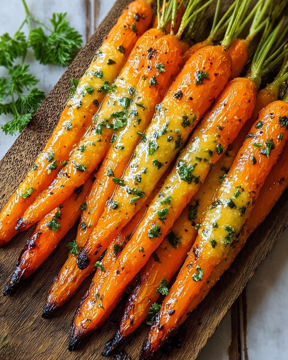 A row of nine bright orange roasted baby carrots with slightly charred tips, each coated with a shiny layer of melted herb butter featuring small pieces of green herbs and black pepper sprinkled on top, placed on a wooden board. The carrots have green tops and a few sprigs of fresh parsley are placed at the end, adding a fresh green color contrast. The surrounding surface is a white marbled texture. photo taken with an iphone --ar 4:5 --v 7