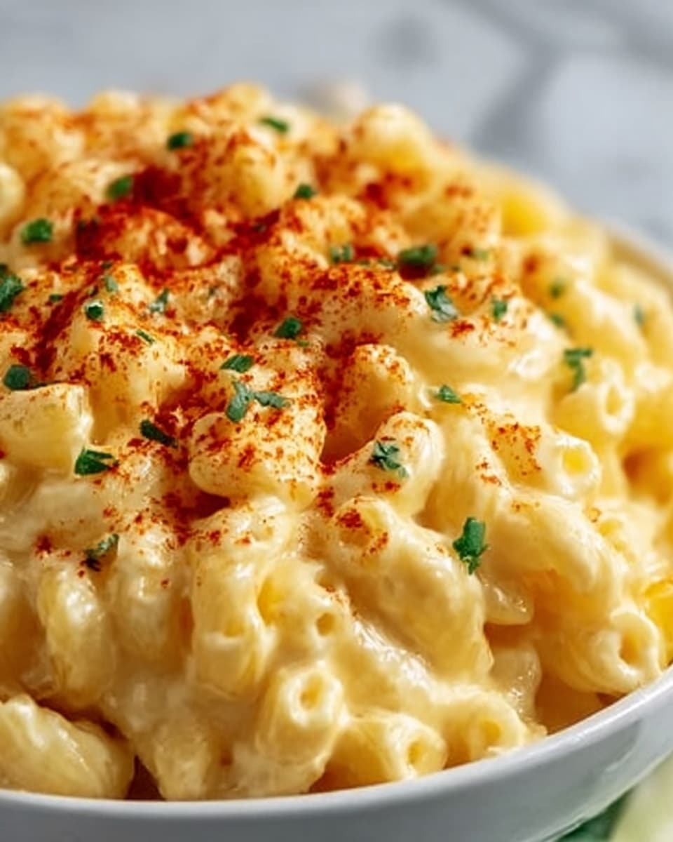 A close-up view of macaroni and cheese served in a white bowl. The dish has multiple layers of creamy, yellow cheese sauce covering short macaroni pasta tubes. On top, there is a thick layer of melted cheese with a slightly golden brown crust. Sprinkled over the surface are red chili flakes and small green herb pieces, giving some color contrast. The bowl is placed on a white marbled texture surface. Photo taken with an iphone --ar 4:5 --v 7