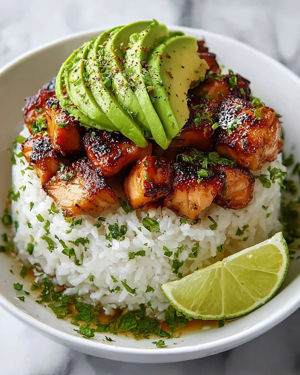 A white bowl holds a layered dish starting with a thick, round base of fluffy white rice sprinkled with chopped green herbs. On top, several thick pieces of dark brown grilled fish with a shiny glaze and slightly charred edges are neatly arranged. Two halves of fresh green avocado with a smooth texture are placed on the fish, sprinkled with chopped herbs and black pepper. A lime wedge rests beside the rice, and the whole dish sits on a white marbled surface. photo taken with an iphone --ar 4:5 --v 7