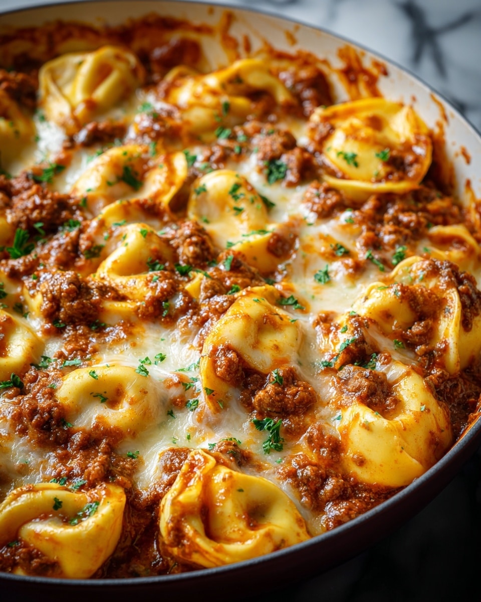 This image shows a close-up of a cooked dish of baked tortellini in a white pan. The dish has two main layers: the tortellini pasta, which is yellow and plump with folds, and a thick layer of browned ground meat sauce mixed with melted cheese on top. The cheese layer is golden with bubbly spots, covering the pasta partly, and small green herb pieces are sprinkled over the dish. The texture looks creamy and rich, with the edges of the pan slightly stained with sauce. The background is a white marbled surface. photo taken with an iphone --ar 4:5 --v 7