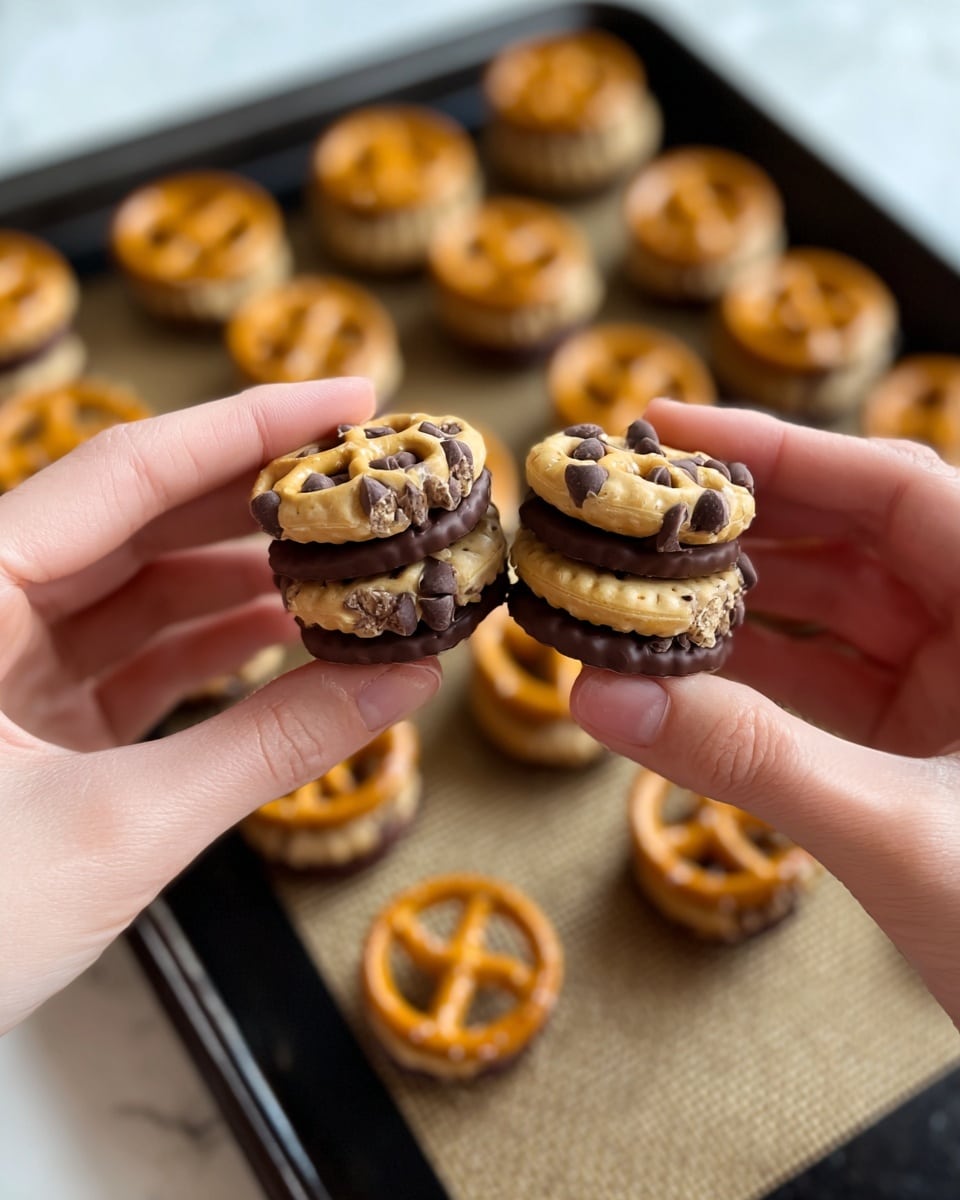A close-up of two snacks held by two different hands, each snack has three layers: a golden brown pretzel round top and bottom with a middle layer of creamy beige cookie dough mixed with visible dark chocolate chips; one snack is fully coated in smooth, dark brown chocolate on the sides while the other is left plain. In the background, a baking tray covered with a beige silicone baking mat holds multiple identical snacks arranged in rows, some fully coated in dark chocolate, others plain with the pretzel top showing, all on a white marbled surface. photo taken with an iphone --ar 4:5 --v 7