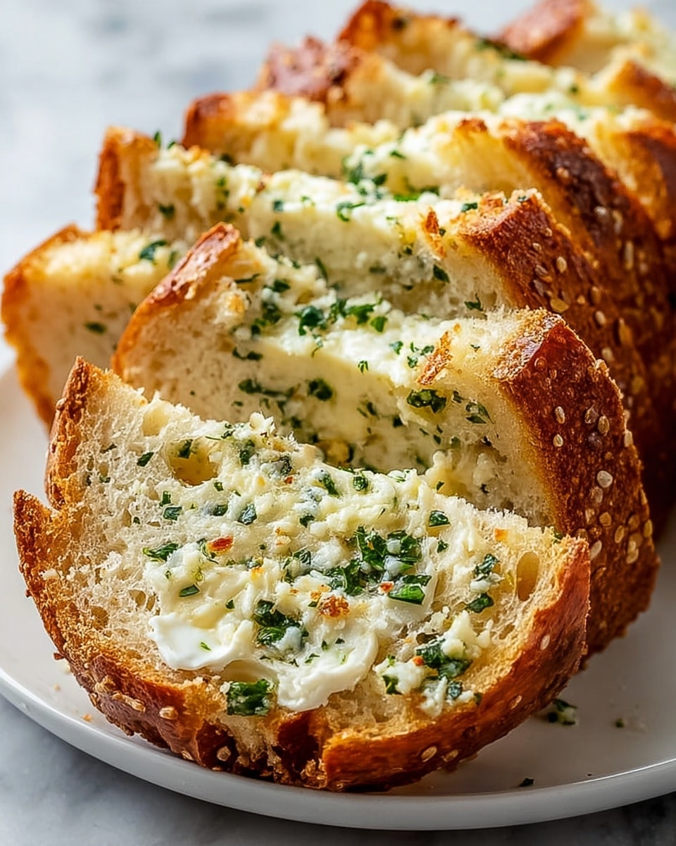 A white plate holds several slices of garlic cheese bread, each slice showing three layers: the golden brown toasted crust on the outside, a soft white bread layer in the middle, and a creamy white cheese layer speckled with finely chopped green herbs between the crust and bread. The bread's crust also has small seeds and a slightly rough texture. The slices are stacked in a slightly fanned-out way on a white marbled surface, with the focus on the close-up front slice. Photo taken with an iphone --ar 4:5 --v 7
