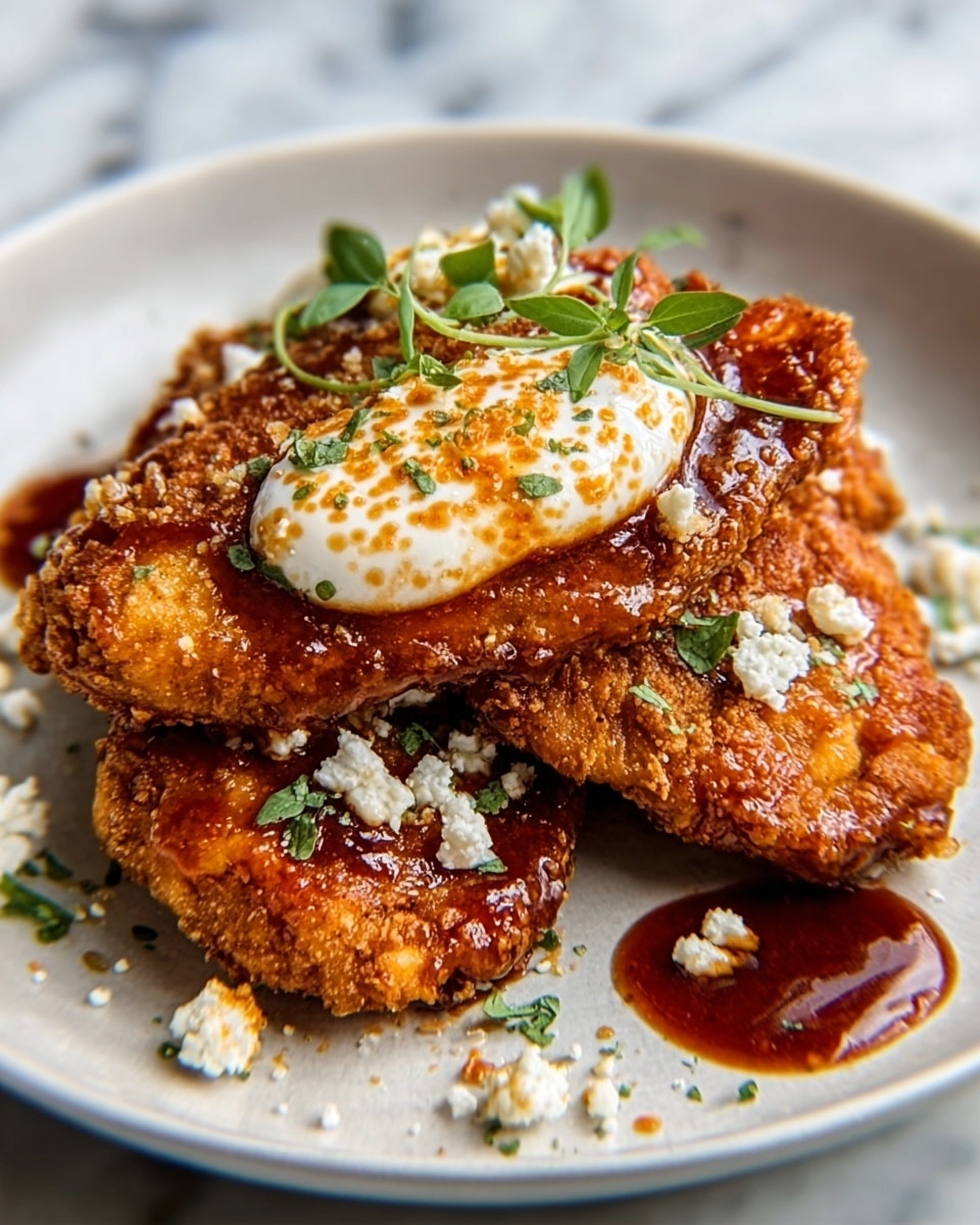 The image shows a white shallow bowl filled with three golden-brown fried chicken pieces, stacked in a slight pile. The chicken has a crunchy texture with a crispy coating. On top of the chicken, there is a dollop of creamy white sauce sprinkled with a reddish-orange seasoning. Small white crumbles, likely cheese, are scattered over the chicken and sauce. Fresh green herbs add a touch of color around the chicken. The bowl sits on a white marbled surface. photo taken with an iphone --ar 4:5 --v 7