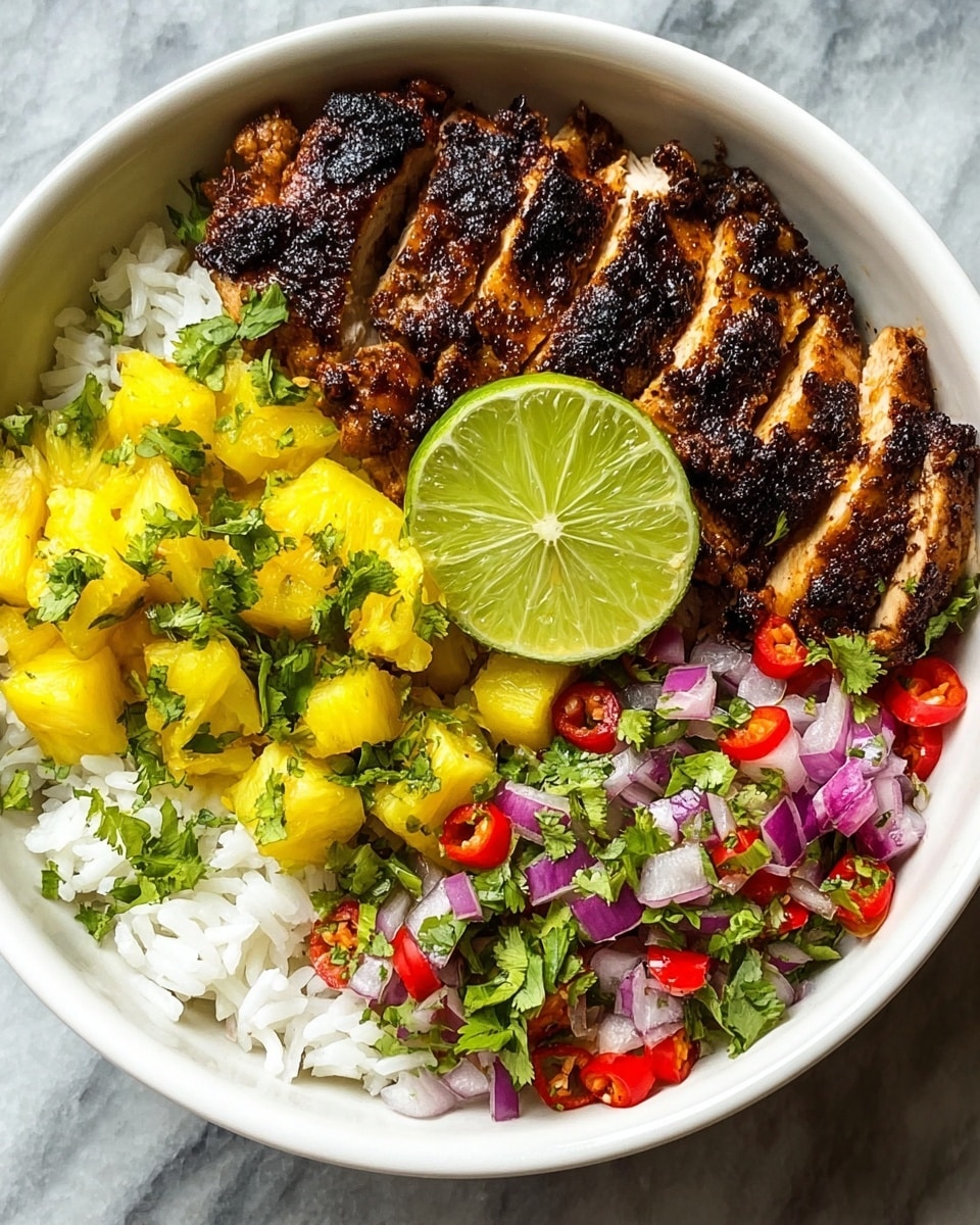 A white bowl filled with four main layers: the bottom layer is white cooked rice evenly spread, the left side has a layer of grilled chicken with a dark charred crust and golden-brown inside, in the middle top section there are bright yellow chopped pineapples sprinkled with fresh green cilantro leaves, on the right side is a colorful mix of diced red onions, red chili slices, chopped green cilantro, and small pieces of red bell pepper, topped with a half slice of bright green lime resting against the pineapple, all placed on a white marbled textured surface photo taken with an iphone --ar 4:5 --v 7