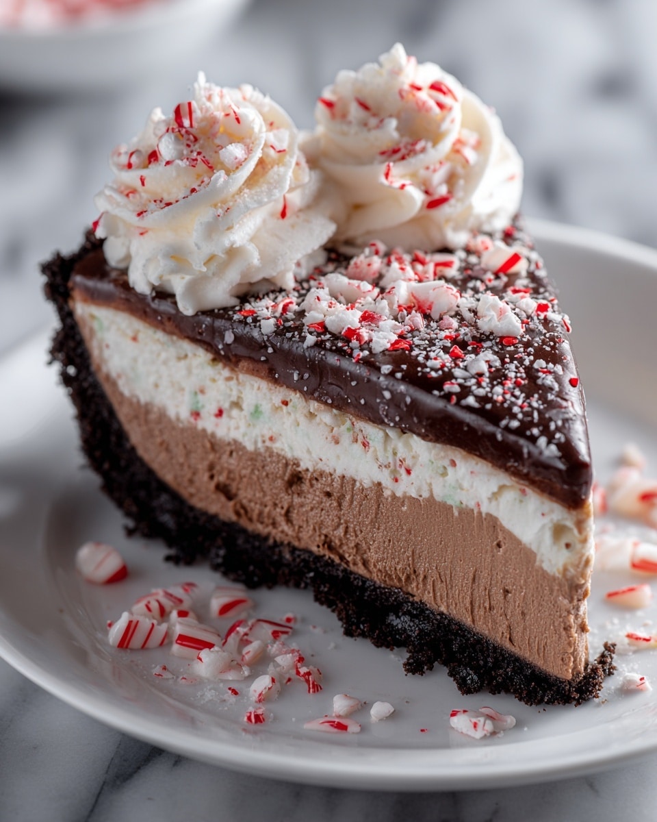 The image shows a slice of dessert with four clear layers on a white plate placed on a white marbled surface. The bottom layer is a firm, dark chocolate crust with a crumbly texture. Above it is a smooth, thinner layer of chocolate mousse. The third layer is a thick and fluffy white cream with small red mint pieces mixed in. The top layer is a shiny chocolate ganache spread unevenly, with crushed red and white peppermint candy sprinkled over it. Three swirls of whipped cream decorated with more red peppermint bits sit on the edge of the slice. Some scattered peppermint pieces are also seen on the plate. Photo taken with an iphone --ar 4:5 --v 7