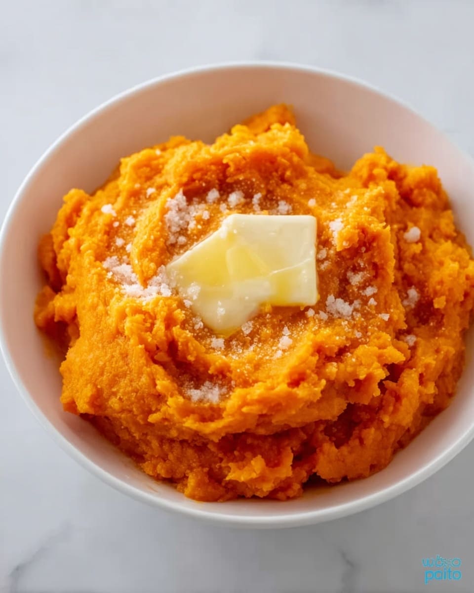 A white bowl filled with bright orange mashed sweet potatoes, showing a rough and chunky texture. On top of the mash, there is a melting pat of white butter and a sprinkle of light brown cinnamon powder. The background is a white marbled surface, and the bowl is centered in the image. Photo taken with an iphone --ar 4:5 --v 7