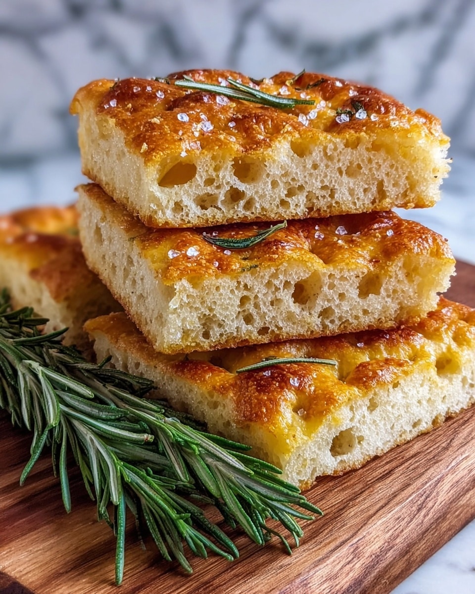 The image shows two thick, square slices of focaccia bread stacked on a wooden board with fresh green rosemary sprigs beside them. The focaccia has a golden top crust with a shiny, slightly oily texture, dotted with coarse salt and small rosemary leaves. The bread's inside is light and airy, with visible holes and a soft, pale cream color. The top crust has a crispy, slightly browned look, highlighting the baked texture and the herbs. The overall presentation is warm and inviting, set on a white marbled texture in the background. Photo taken with an iphone --ar 4:5 --v 7