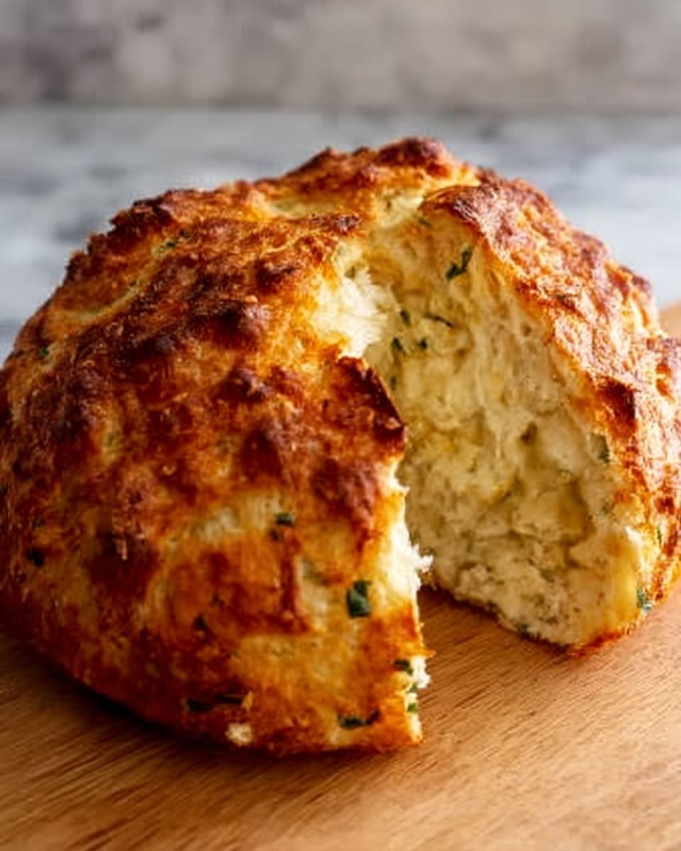 A round, golden-brown baked bread with a crusty and uneven surface is shown, placed on a wooden board. The bread is cut open, revealing a soft and fluffy inside with visible bits of herbs or cheese dispersed throughout the light interior. The crust looks crunchy with a rough texture colored in shades of brown and orange. The background shows a white marbled texture. photo taken with an iphone --ar 4:5 --v 7