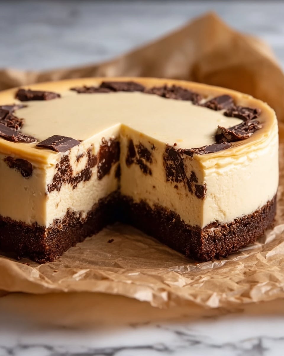 A round cheesecake with three visible layers sits on crinkled brown parchment paper over a white marbled texture surface. The bottom layer is a dark brown, crumbly crust with a rough texture. The middle layer is a thick, creamy pale yellow filling embedded with uneven chunks of dark chocolate pieces. The top layer is a smooth, even, light tan surface with slightly cracked edges. The cake has a clean round shape and soft lighting highlights the rich textures and colors of the dessert. Photo taken with an iphone --ar 4:5 --v 7