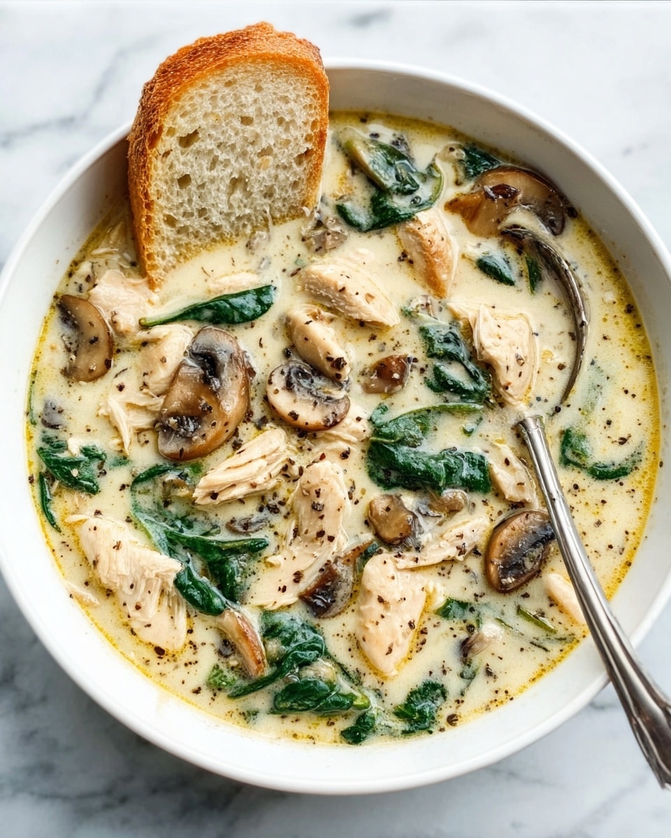 A white bowl filled with creamy soup containing soft, light beige chicken pieces and slices of golden brown mushrooms, mixed with vibrant green spinach leaves. The soup looks thick and smooth with specks of black pepper sprinkled throughout. A slice of light golden toasted bread rests on the edge of the bowl, with a spoon partially visible inside the soup. The bowl sits on a white marbled surface. Photo taken with an iphone --ar 4:5 --v 7