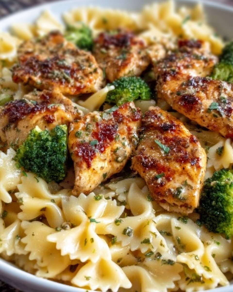 The image shows a close-up of a white plate filled with layers of pasta and chicken. The bottom layer is bowtie pasta that is pale yellow with a soft texture. On top of the pasta, there are several pieces of grilled chicken, golden brown with a slightly crispy texture and sprinkled with herbs. Around the chicken and pasta, there are small broccoli florets in bright green, adding freshness and color contrast. The whole dish looks warm and inviting with a mix of smooth pasta, crispy chicken, and crunchy broccoli. Photo taken with an iphone --ar 4:5 --v 7