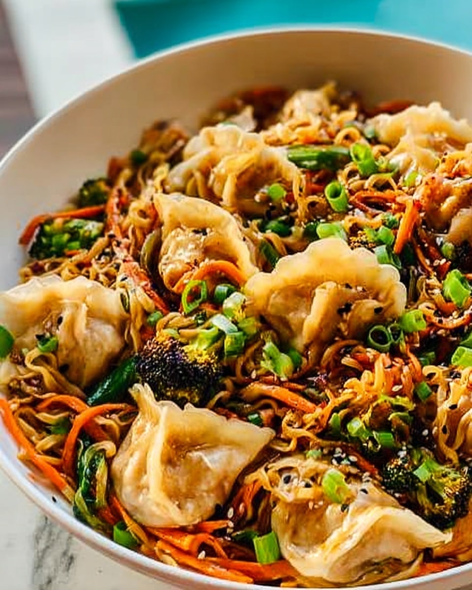 A close-up image of a white plate filled with a colorful noodle dish layered with various vegetables and dumplings. The bottom layer consists of light brown noodles mixed with thin orange carrot strips and dark green broccoli pieces. Scattered on top are light golden-brown dumplings with a soft texture, slightly folded in shape. Bright green chopped spring onions are sprinkled throughout, adding fresh color, along with small sesame seeds scattered on the surface. The dish looks glossy with a light sauce, and the background shows a blurred pool area with a white marbled texture under the plate. Photo taken with an iphone --ar 4:5 --v 7