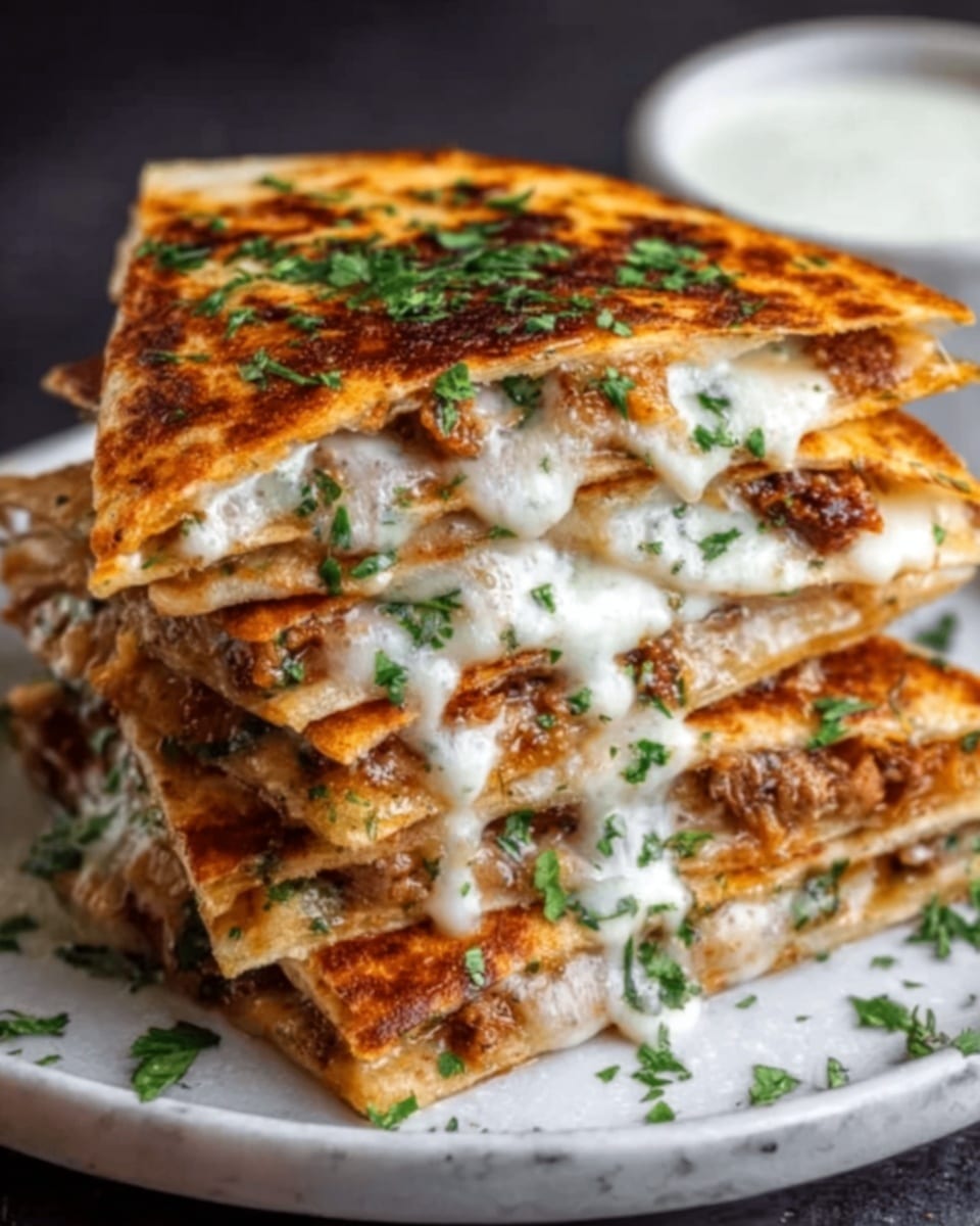 A stack of four triangular quesadilla slices filled with melted white cheese, small pieces of grilled chicken, and green herbs, showing a crispy golden-brown toasted outer layer with some dark grill marks. The quesadilla slices are slightly separated, revealing gooey melted cheese stretching between the layers. A dollop of creamy white sauce with green herb flakes is placed near the quesadilla on a white plate, all set on a white marbled surface. photo taken with an iphone --ar 4:5 --v 7