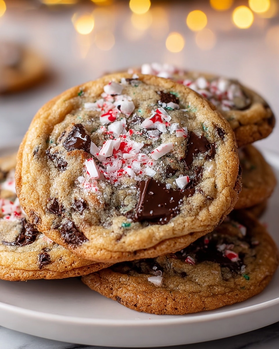 A close-up view of four chocolate chip cookies stacked on a white plate, each cookie having a golden brown base with slightly crispy edges. The cookies contain large, melted dark chocolate chunks scattered across the surface. On top, there are crushed pieces of white and red peppermint candy that add colorful specks and a rough texture. The background is softly blurred with warm yellow lights, all set on a white marbled surface. photo taken with an iphone --ar 4:5 --v 7