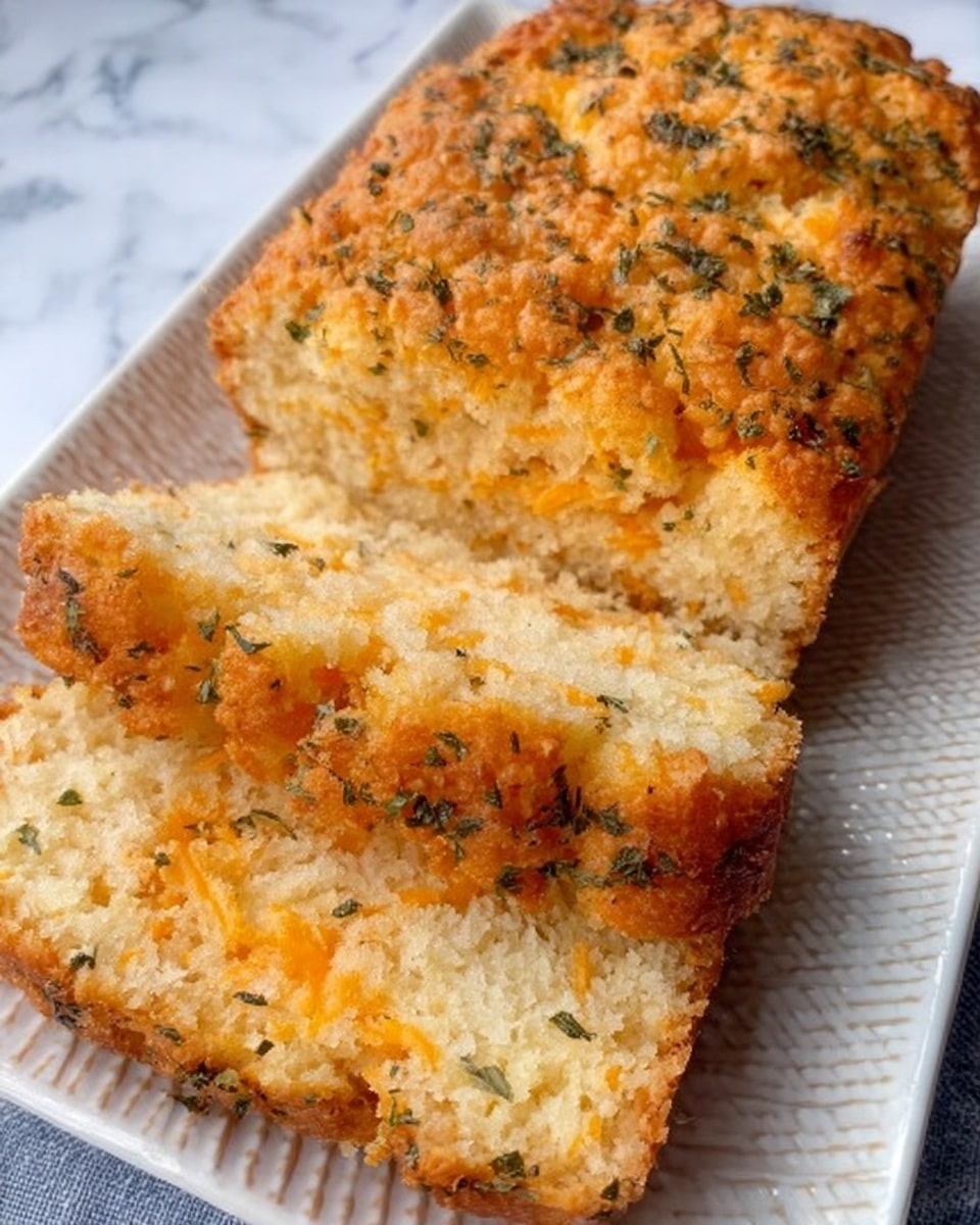 A close-up of a thick loaf of cheesy bread with two slices cut from the front, showing a soft and fluffy inside with melted cheddar cheese bits mixed throughout. The top of the loaf is golden brown and sprinkled with dried green herbs, giving it a slightly rough texture. The bread rests on a long white plate with a simple lined pattern. The background is a white marbled surface with a blue and white striped cloth partially visible on one side. Photo taken with an iphone --ar 4:5 --v 7