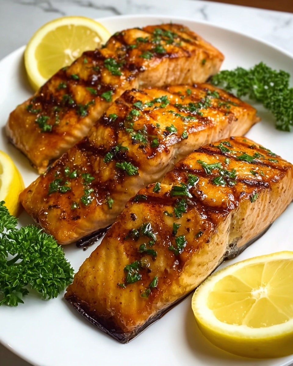 The image shows four pieces of grilled salmon with a shiny, caramelized, reddish-brown glaze on top, garnished with small green parsley leaves. Each salmon piece has visible light pink and white lines showing the texture of the fish, with the skin side down and slightly charred. The salmon pieces are arranged on a white square plate, surrounded by bright yellow lemon wedges placed around the edges. A small bunch of fresh green parsley is placed on the bottom left corner of the plate. The plate is on a white marbled surface. photo taken with an iphone --ar 4:5 --v 7