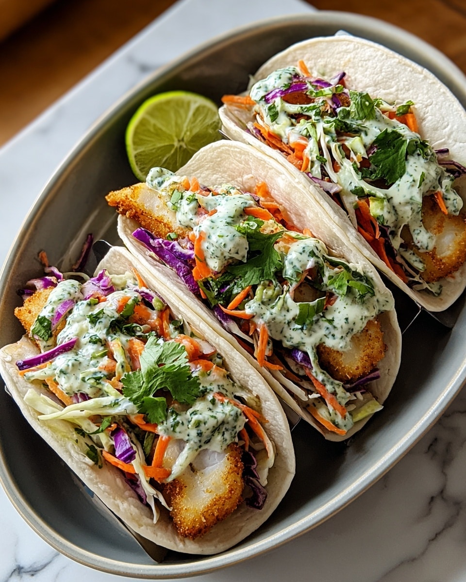 Three fish tacos are placed side by side in a white oval dish. Each taco has a soft white tortilla holding a thick, golden brown piece of fried fish at the bottom layer. Above the fish, there is a layer of shredded purple cabbage and orange carrot strips. On top of the vegetables, there is a creamy white sauce with green herbs mixed in, drizzled generously. Fresh green cilantro leaves are scattered inside. A lime slice rests in the back corner of the dish. The background surface is white with a marbled texture. Photo taken with an iphone --ar 4:5 --v 7