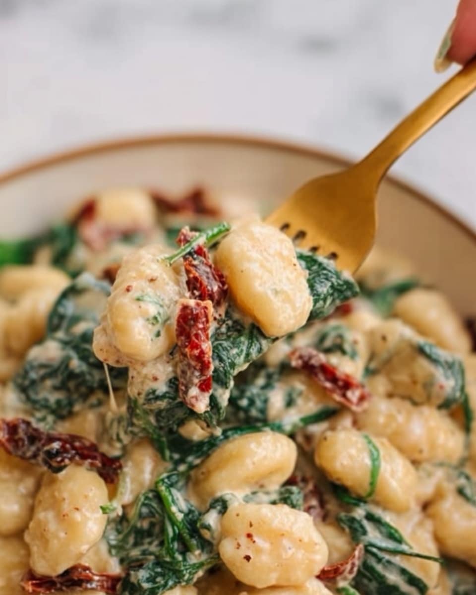 The image shows a close-up of creamy gnocchi with sun-dried tomatoes and spinach. The gnocchi are plump and pale yellow, coated in a smooth, white creamy sauce. Bright dark green spinach leaves and strips of deep red sun-dried tomatoes are mixed throughout. A golden fork, held by a woman's hand, lifts a bite of the dish, showing the soft and rich texture of the gnocchi and sauce. The background is a white marbled texture, softly blurred to focus on the detailed food. photo taken with an iphone --ar 4:5 --v 7