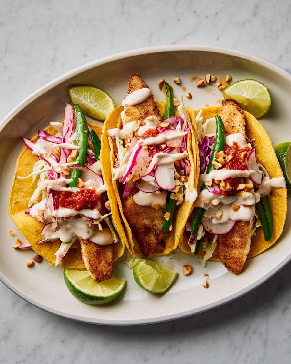 The image shows three fish tacos arranged in a white oval plate on a white marbled texture. Each taco has one yellowish-brown soft corn tortilla holding a golden brown, crispy fried fish fillet as the main base layer. On top of each fish fillet is a mix of shredded white and purple cabbage, followed by a small amount of bright red salsa. The tacos are drizzled with a white creamy sauce and sprinkled with crushed nuts and seeds. Lime wedges are placed around the edges of the plate to add color and freshness. Photo taken with an iphone --ar 4:5 --v 7