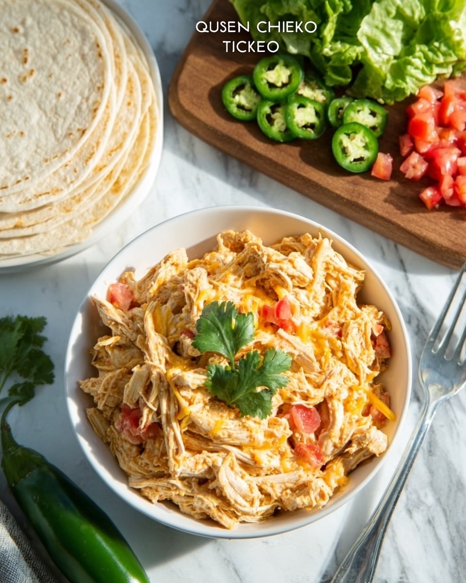 A white bowl filled with shredded chicken mixed with a creamy, light orange queso sauce and visible small pieces of green herbs and red tomatoes, topped with a few fresh cilantro leaves. To the upper left of the bowl, there are soft white corn tortillas stacked neatly. To the upper right, there is a small pile of chopped green lettuce, sliced jalapeño rings, and diced red tomatoes. The items are placed on a white marbled surface, and a woman's hand is visible reaching towards the tortillas. photo taken with an iphone --ar 4:5 --v 7
