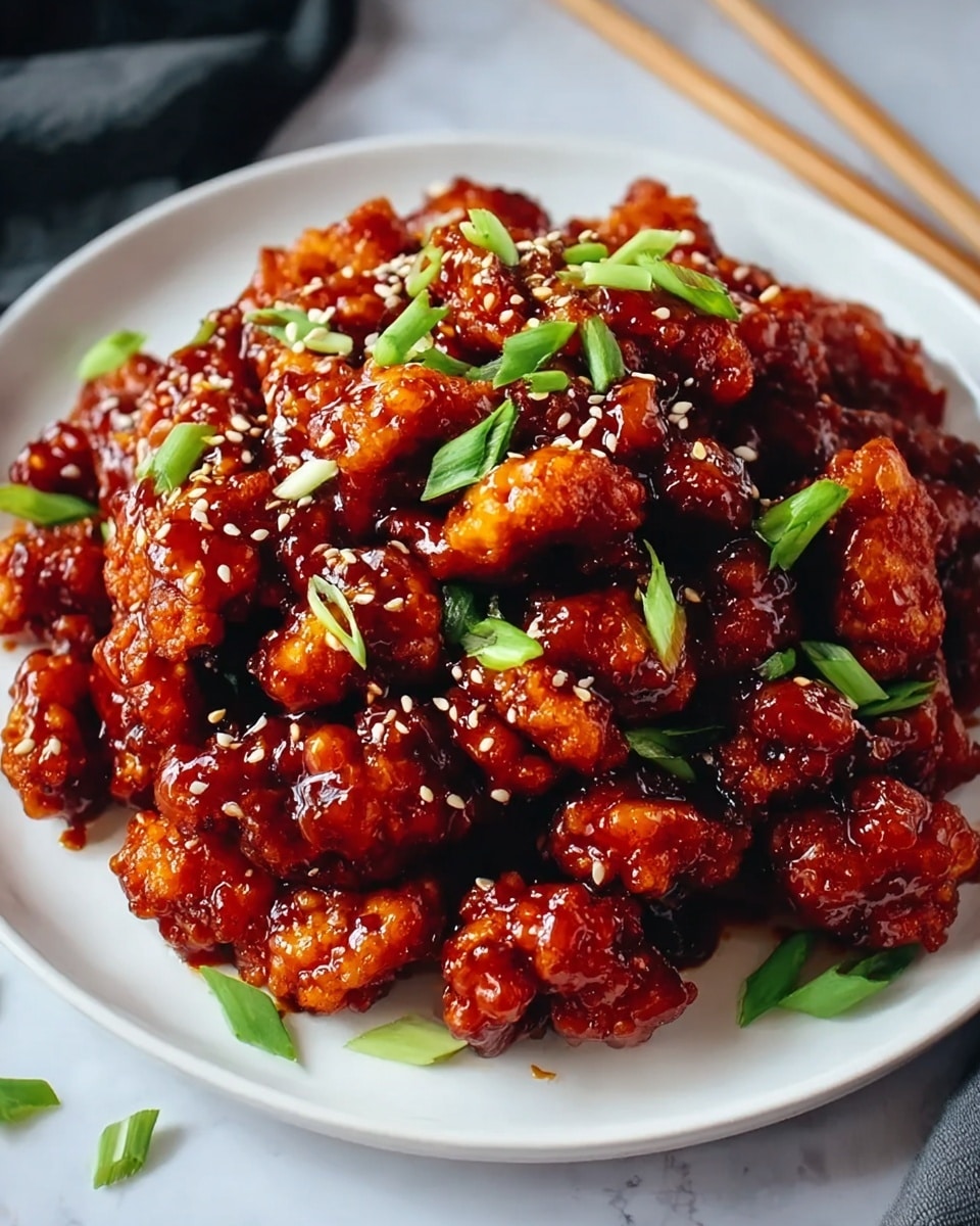 A white plate filled with many pieces of crispy fried chicken coated in a thick, sticky, dark reddish-brown sauce. The chicken pieces are piled high, creating a mound of glossy, textured chunks. On top of the chicken, there are small green onion slices sprinkled evenly across, adding bright green color spots. Tiny white sesame seeds are scattered over the entire dish, adding contrast and extra texture. The plate is placed on a white marbled texture surface with soft natural lighting highlighting the shine of the sauce. photo taken with an iphone --ar 4:5 --v 7