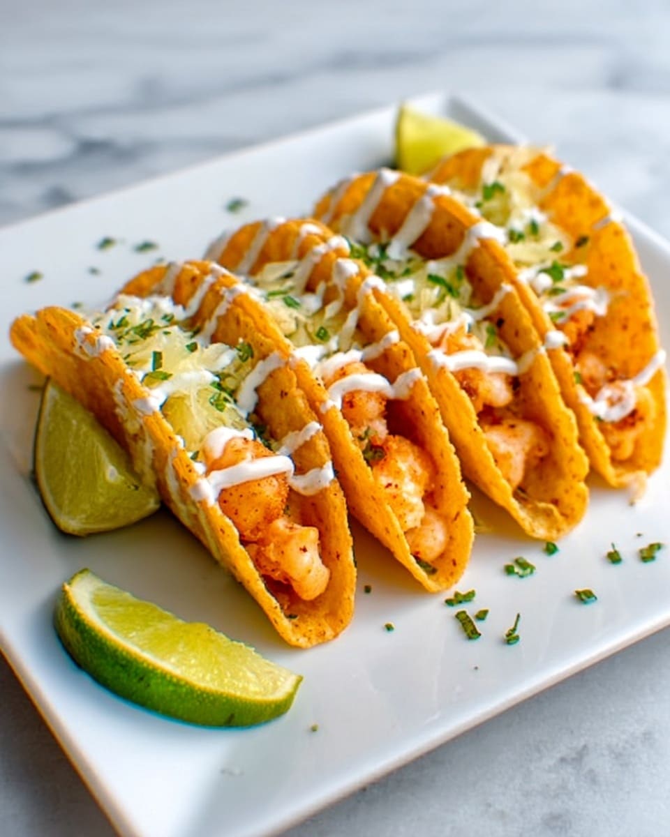 The image shows four small tacos arranged side by side on a white square plate, each taco filled with a crispy golden shell holding layers of light orange filling, likely shrimp or chicken, topped with white sour cream sauce and small green chopped herbs sprinkled on top. Two pieces of lime wedges, one whole and one partially squeezed, sit on the edges of the plate. The background surface is white marble with subtle gray veins. photo taken with an iphone --ar 4:5 --v 7