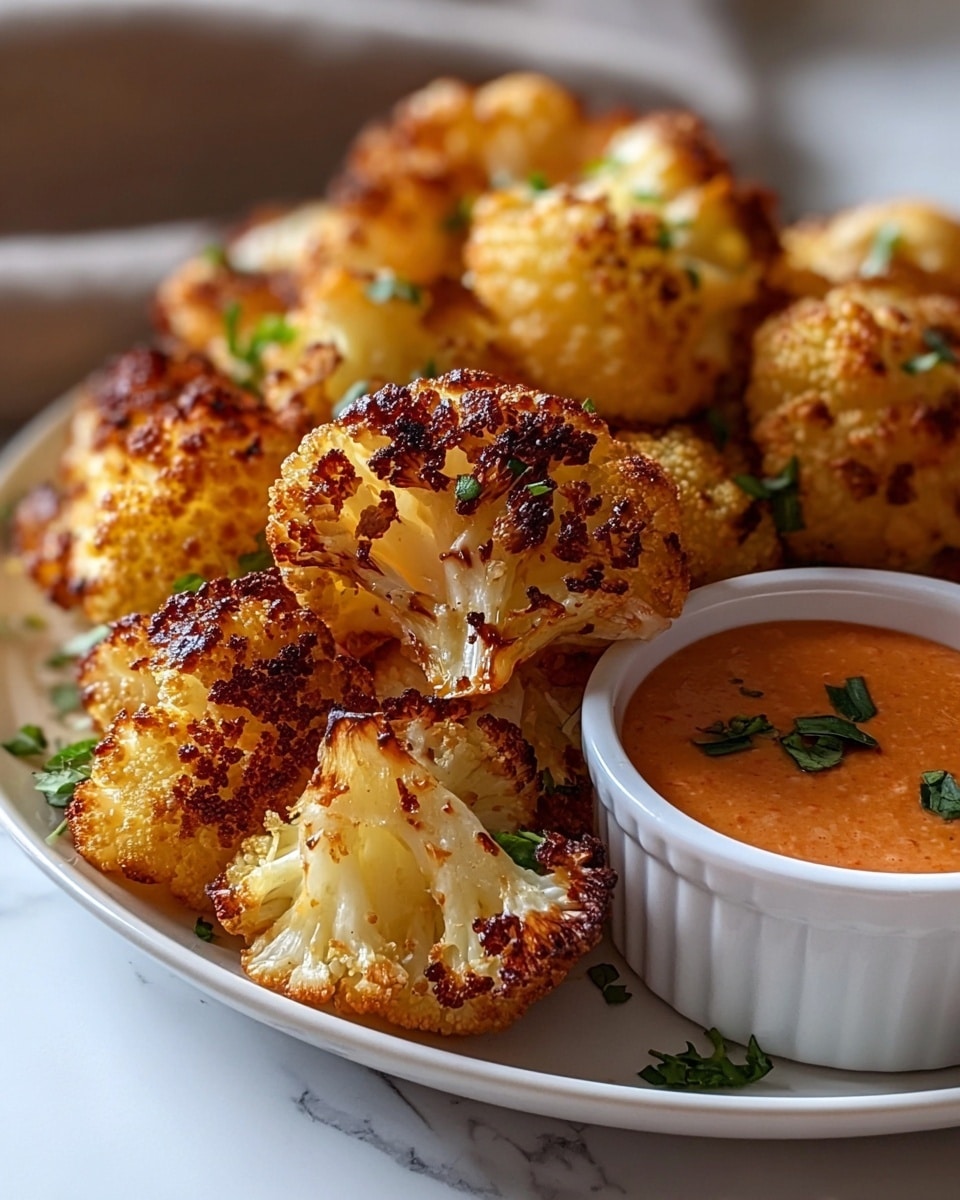 The image shows a white plate filled with crispy roasted cauliflower pieces, each piece having a golden brown and slightly charred surface. The cauliflower florets have a bumpy texture with light and darker browned spots, topped with scattered small green herb leaves. To the right side of the plate, there is a small white ramekin holding a smooth, creamy reddish-orange dipping sauce with a few green herb bits on top. The plate is set on a white marbled surface, enhancing the warm colors of the food. photo taken with an iphone --ar 4:5 --v 7
