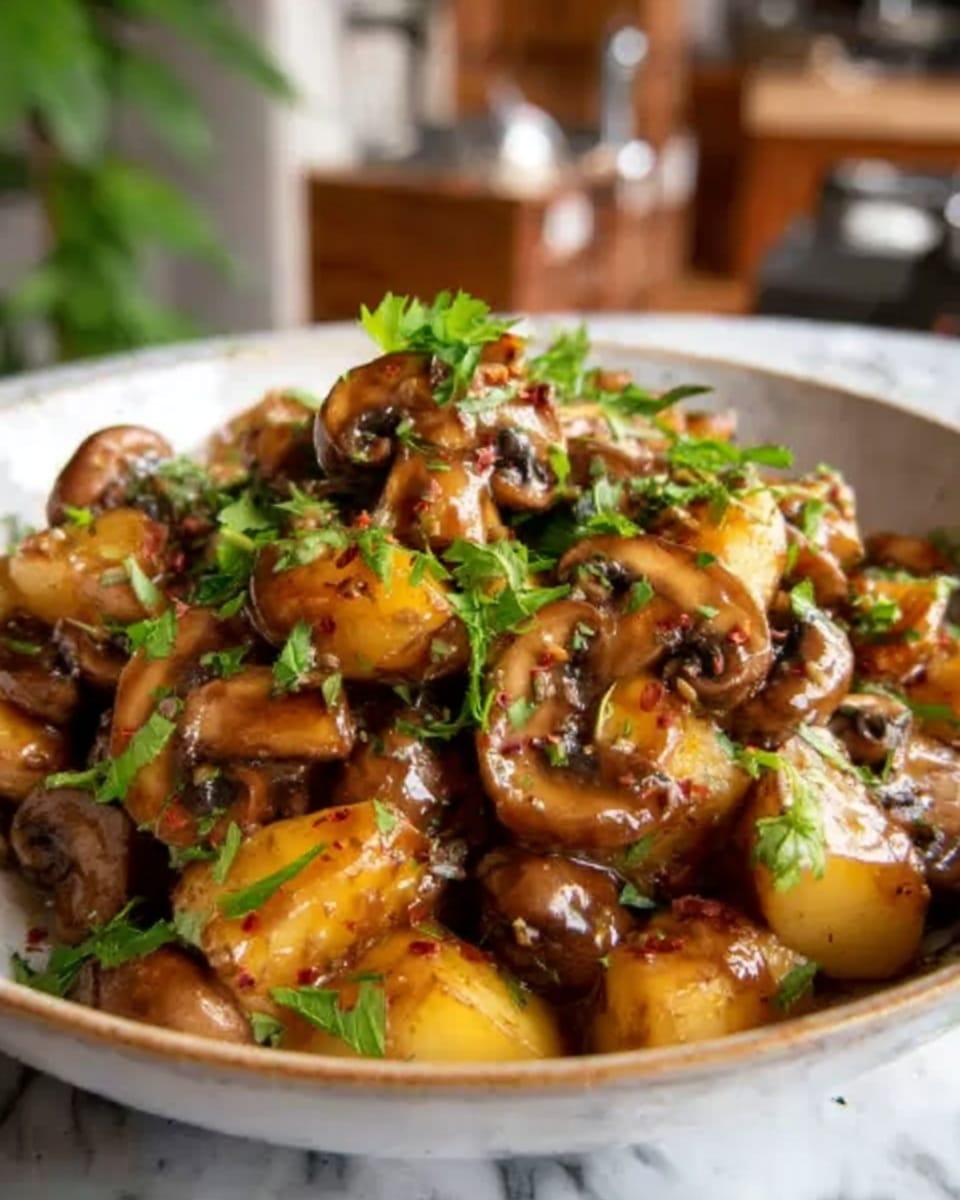 A white bowl filled with a layered dish of cooked potatoes and mushrooms, coated in a shiny brown sauce with small green herbs sprinkled on top. The potatoes are cut into bite-sized chunks showing a soft but firm texture, while the mushrooms appear sautéed with a slightly crisp edge. Fresh parsley leaves are scattered over the dish for a bright green contrast. The background is a white marbled surface with blurred kitchen elements visible in the distance. Photo taken with an iphone --ar 4:5 --v 7