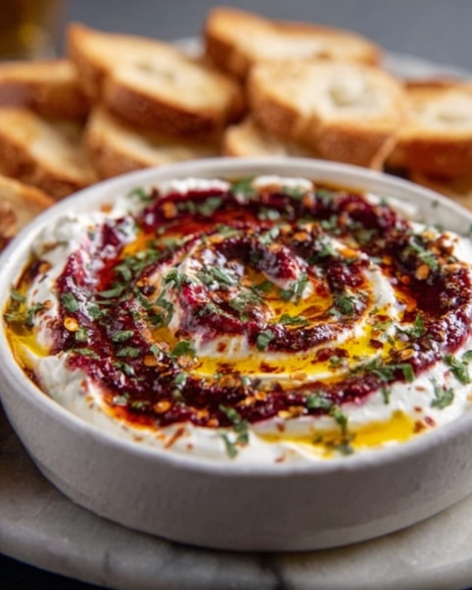 A white bowl filled with a layered dip, starting from the bottom with a layer of thick white yogurt or cream, topped with a swirl of deep red sauce and a drizzle of dark brown oil or sauce. The white layer has a soft, creamy texture with small green herb pieces sprinkled on top. Around the bowl, there are pieces of light golden, crispy bread arranged in the background. The bowl sits on a white marbled surface. Photo taken with an iphone --ar 4:5 --v 7