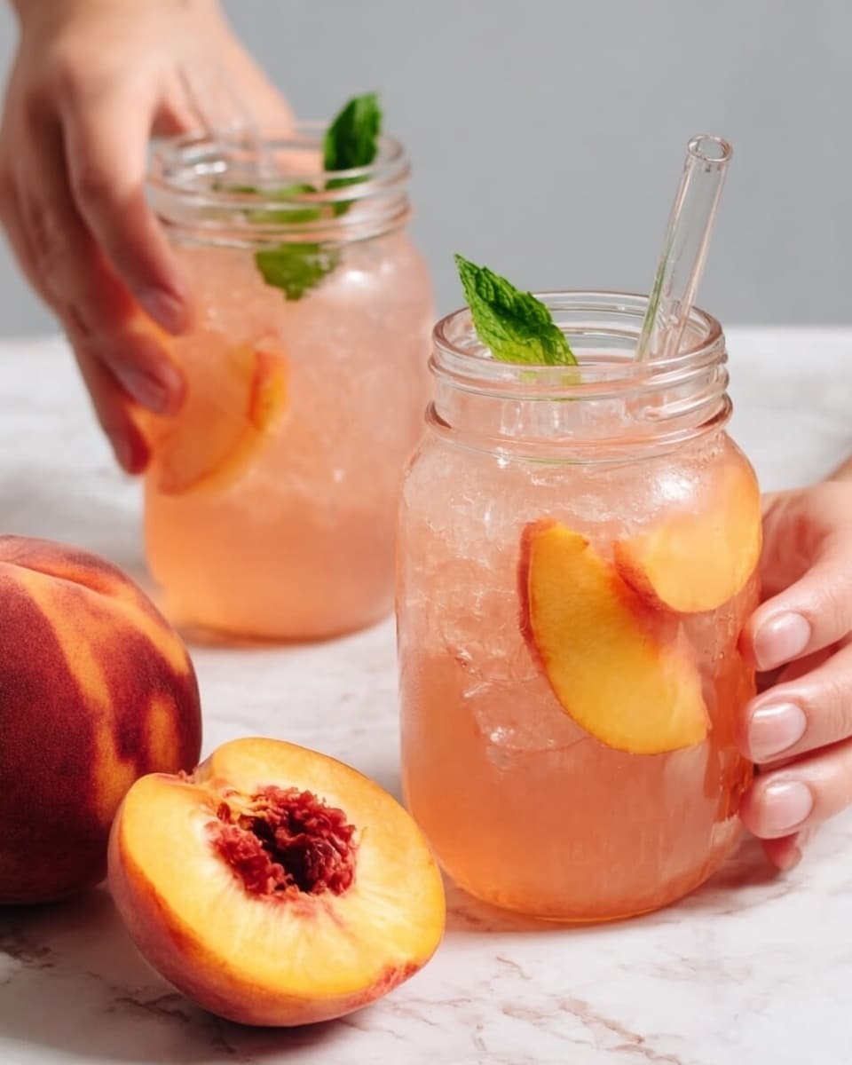 Two clear glass jars filled with pink peach drink sit on a white marbled surface. The jar on the left is full with slices of peach and ice cubes visible inside, topped with a fresh green mint leaf and a clear straw. The jar on the right is half full, with a peach slice floating near the top and a clear straw. In front, there is a whole peach with soft orange and red colors and a halved peach showing its dark pit and yellow flesh. A woman's hand is reaching toward the half-full jar from the right side. Photo taken with an iphone --ar 4:5 --v 7
