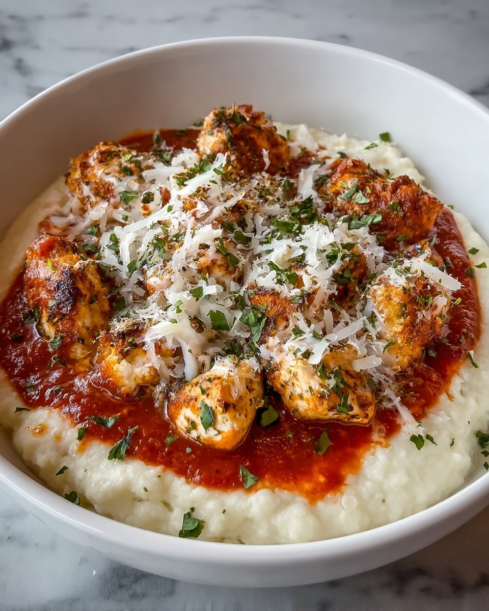 A white bowl filled with three visible layers: the bottom layer is creamy, smooth white mashed potatoes, the middle layer is a bright red tomato sauce spread unevenly over the mashed potatoes, and the top layer consists of golden-brown grilled chicken pieces sprinkled with shredded white cheese and finely chopped green herbs, creating a fresh contrast. The chicken is seasoned with visible black pepper and herbs. The bowl sits on a white marbled surface. photo taken with an iphone --ar 4:5 --v 7