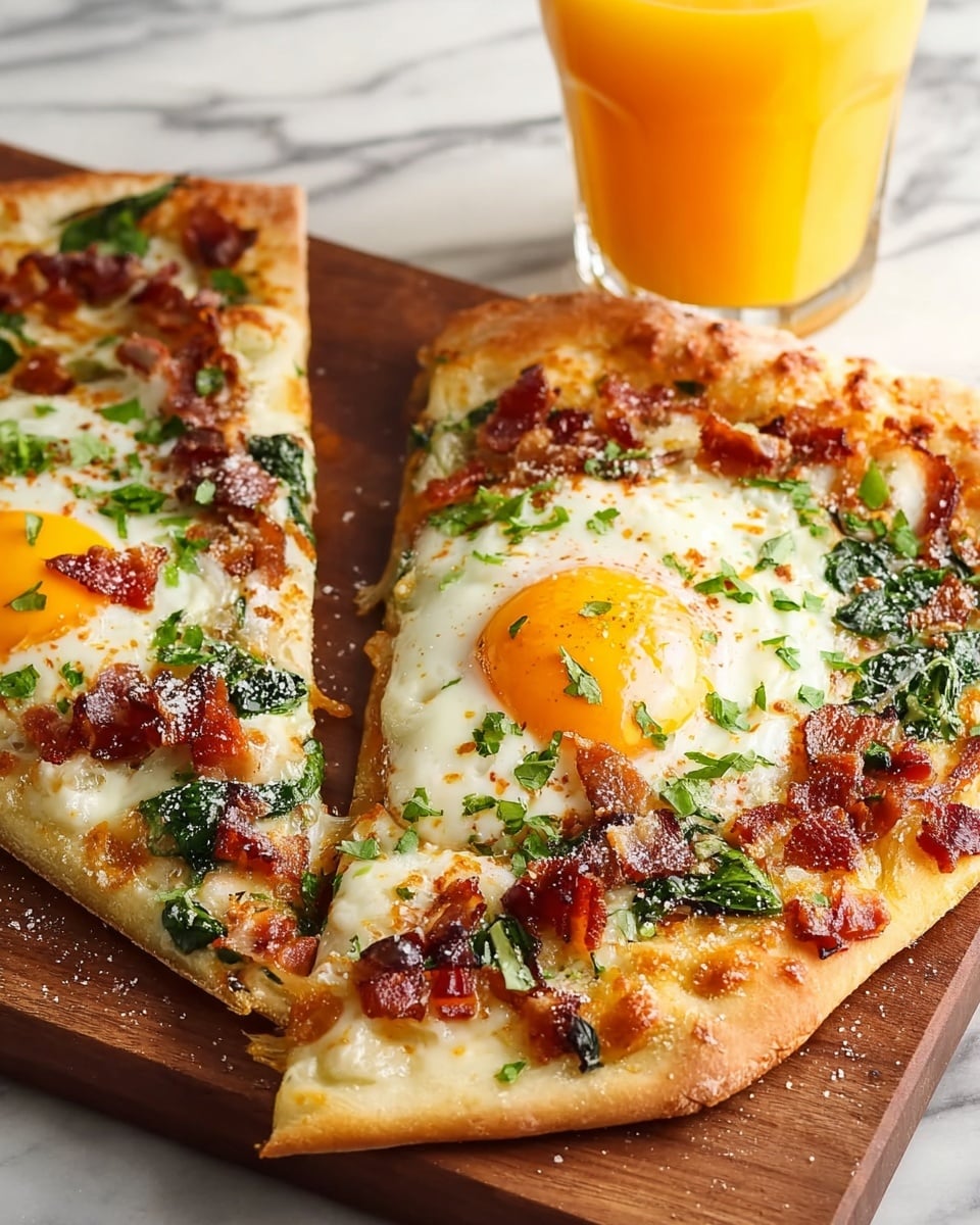 The image shows two slices of pizza on a wooden board placed on a white marbled surface. Each slice has a golden-brown crust as the base and is topped with a layer of melted cheese, crispy bacon pieces scattered all over, and cooked spinach leaves. On top of each slice, there is a sunny-side-up egg with a bright yellow yolk in the center, sprinkled with green herbs and black pepper. Nearby, there is a clear glass filled with bright orange juice. The photo taken with an iphone --ar 4:5 --v 7