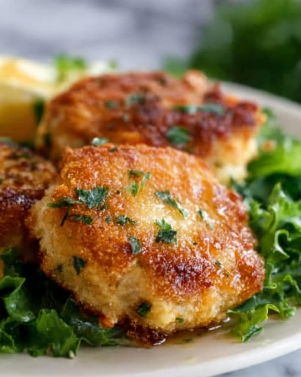 A close-up image shows two golden brown crab cakes placed on a white plate, the crab cakes have a crispy, slightly rough texture with green herbs scattered on top. One crab cake is in front, and the other is slightly behind it, both resting on a bed of bright green leafy vegetables that add a fresh contrast. The crab cakes look thick and well-cooked with some small charred spots. In the background, there is a soft focus of more green leaves and a white marbled surface under the plate. photo taken with an iphone --ar 4:5 --v 7