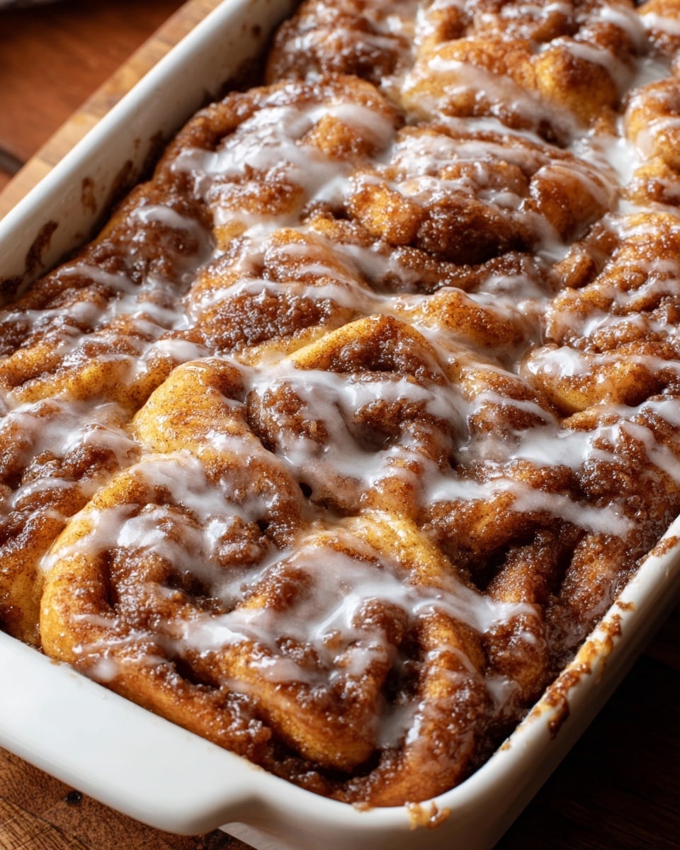A close-up view of a rectangular white baking dish filled with soft, swirled cinnamon rolls freshly baked, showing layers of golden brown dough twisted with a rich, dark cinnamon sugar filling. The rolls are generously drizzled with a shiny white glaze that partly soaks into the swirls, creating a mix of glossy and matte textures. The cinnamon layers create a textured, slightly bumpy surface with some areas darker from caramelization. The dish is placed on a white marbled surface. photo taken with an iphone --ar 4:5 --v 7