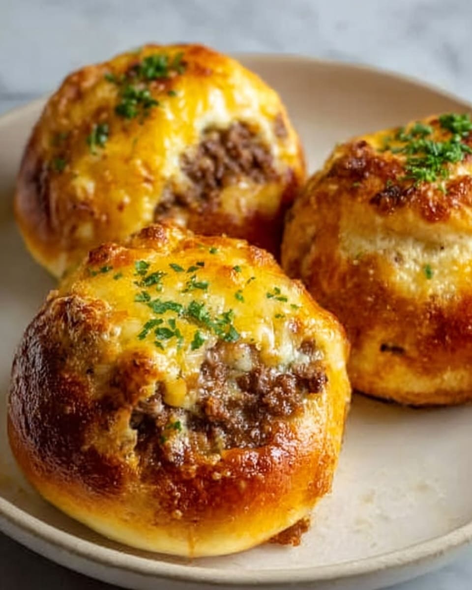 The dish shows three stuffed bread rolls on a white plate, each topped with golden melted cheese that has bubbly brown spots and bits of green herbs sprinkled on top. The bread looks soft with a light golden crust, and the inside is filled with a dark brown meat mixture that is visible through a few open sections. The plate sits on a white marbled surface, and the overall look is warm and appetizing. Photo taken with an iphone --ar 4:5 --v 7